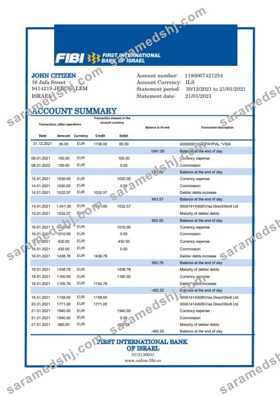Israel First International Bank of Israel bank statement easy to fill template in Excel and PDF format